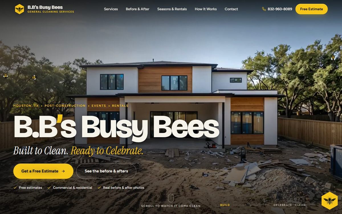 B.B's Busy Bees home page with the tagline Built to Clean, Ready to Celebrate